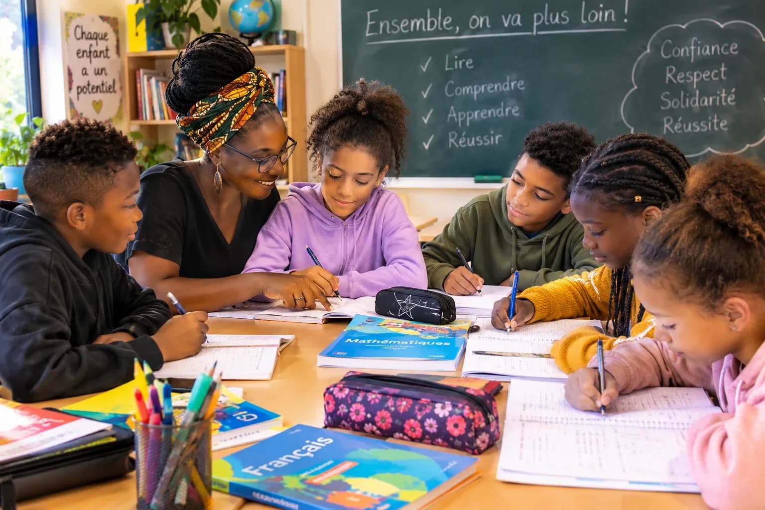 Une enseignante accompagne cinq élèves qui travaillent ensemble autour d’une table, cahiers et manuels ouverts.